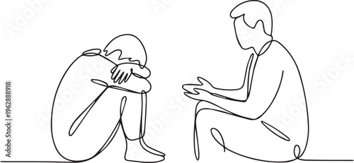 Man Consoling Sad Friend Continuous Line Art - Minimalist Vector Illustration of Support, Empathy, and Mental Health Counseling.