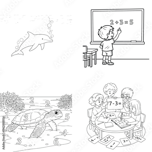 Children learning math coloring pages with animals and classroom scenes with coloring book