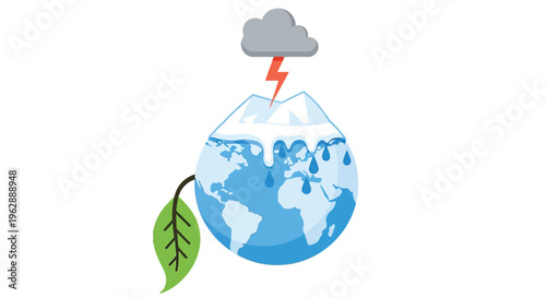 A stylized globe depicting environmental issues storm melting ice and plant life