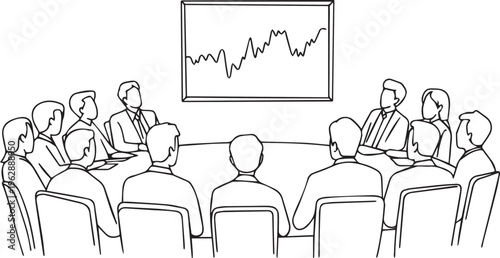Business Team Meeting and Data Analysis Presentation Line Art - Minimalist Vector Illustration of Corporate Discussion and Stock Market Chart.