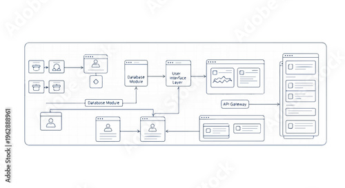 A flowchart diagram illustrating a data flow system with various modules