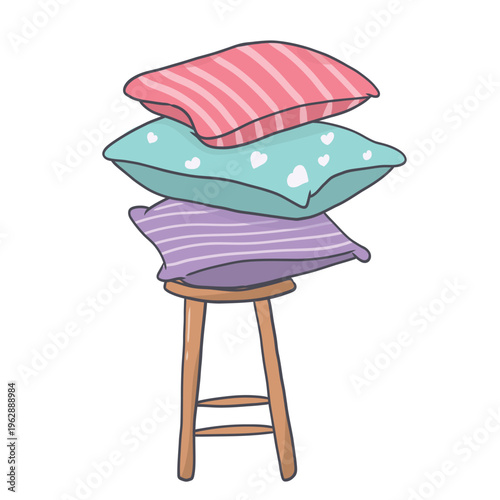 Stacked decorative pillows in pastel stripes and hearts on wooden stool, doodle hand drawn illustration for cozy interior or pajama party designs.