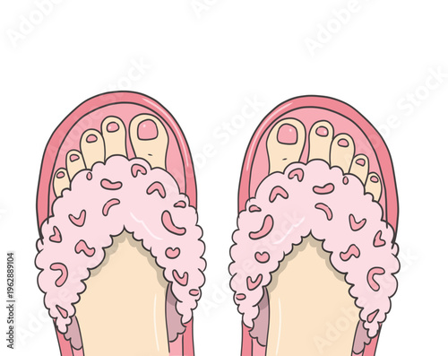 Fluffy pink slippers hand drawn cartoon illustration for cozy, sleepwear and pajama party designs.
