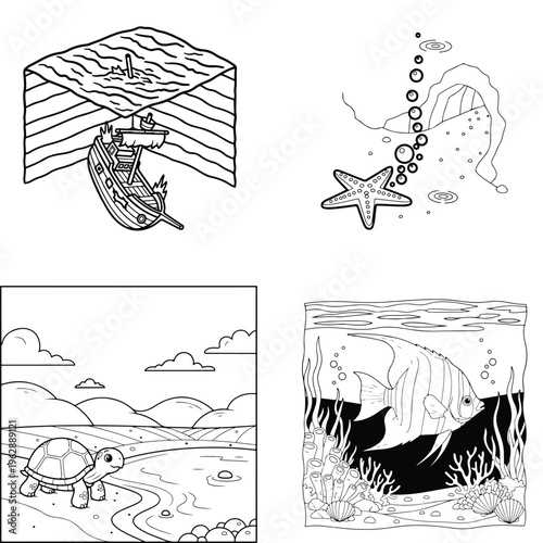 Underwater scenes and landscapes: sunken boat, starfish, turtle, and ocean life, line art