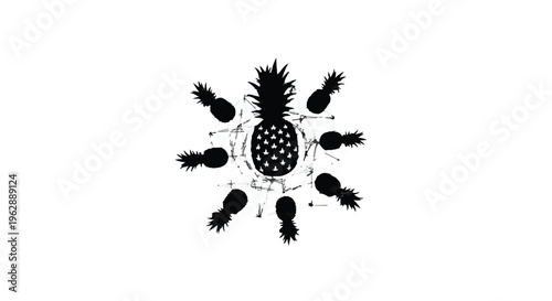 A graphic design features a central pineapple surrounded by smaller pineapples in a circular arrangement on a white background.