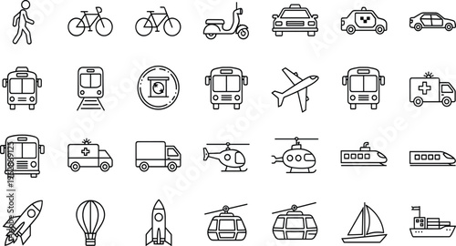 Transportation and Logistics Icon Set featuring Public Transit, Vehicles, Air Travel, Shipping, Emergency Services, Urban Mobility, Outline Vector Illustrations for Commercial Design