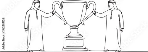 Continuous line drawing of two Arab businessmen holding a big trophy cup. Middle eastern business success and achievement concept.