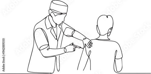 Continuous one line drawing of doctor or nurse giving vaccine injection to patient shoulder