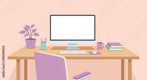 Purple chair in front desk.