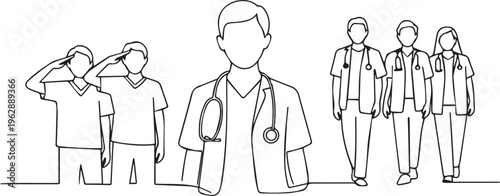Medical Team and Doctors Continuous Line Art - Minimalist Vector Illustration of Healthcare Workers, Saluting Medics, and Professional Medical Staff.