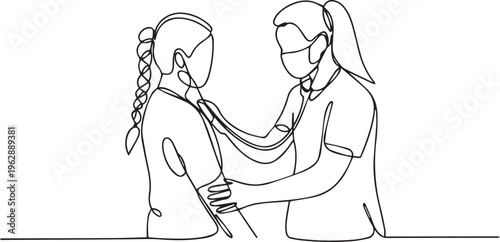 Continuous one line drawing of female doctor wearing mask and examining girl patient with stethoscope