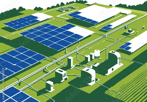  Isometric farm with solar panels and green energy concept, vector style