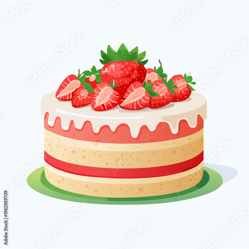 白背景に映える苺たっぷりのデコレーションケーキのイラスト素材