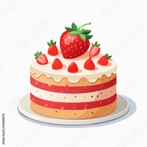 白背景に映える苺たっぷりのデコレーションケーキのイラスト素材