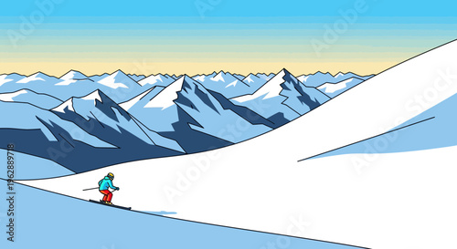 A lone skier descends a pristine, snow-covered mountain. Majestic alpine peaks under a clear winter sky illustrate the exhilaration and beauty of winter sports