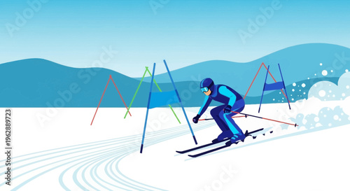 Dynamic illustration of a skier navigating a slalom course with colorful gates against a snowy mountain backdrop