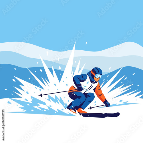 Exciting winter sports illustration of a skier gracefully descending a snow-covered mountain slope, capturing the thrill of the sport