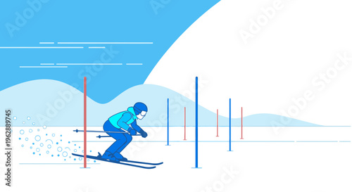 Skiing competition on a snowy mountain course marked by gates, featuring a skier navigating the slalom