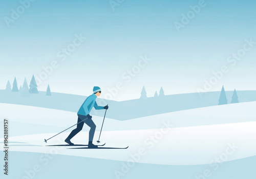 A lone skier glides across a vast, snow-covered landscape on a bright, clear day, embodying the spirit of winter adventure and outdoor activity