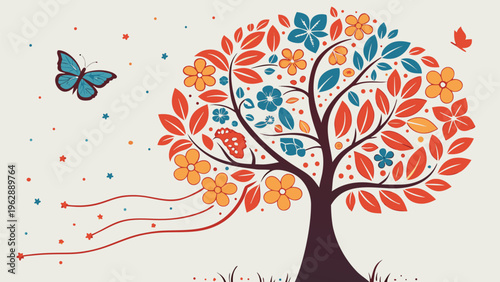 Vibrant autumn tree releasing colorful leaves in a whimsical, artistic dance against a soft backdrop