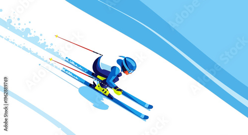 Winter sports athlete racing downhill on a ski slope during a competition, active lifestyle