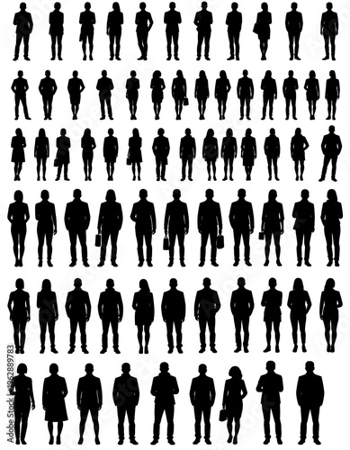 Black silhouettes of numerous adults standing upright