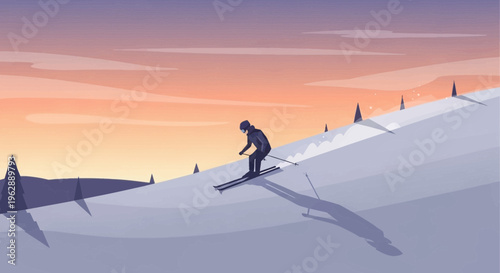 A solitary skier navigates a snow-covered slope bathed in the warm glow of a sunset, carving turns down the mountain amidst a serene winter landscape