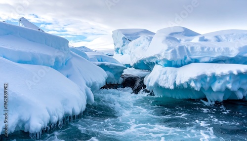Majestic Ice Formations Floating in Arctic Waters Under a Cloudy Sky.