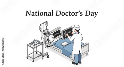 Illustration of a doctor in a hospital setting for National Doctor's Day, celebrating physician appreciation and healthcare workers with a medical professional attending to a patient.
