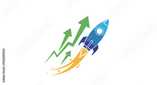 Rocket Launch with Growth Arrows, Business Success and Financial Progress