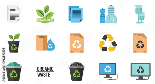 Recycling and sustainability icons paper plants plastic waste and e waste