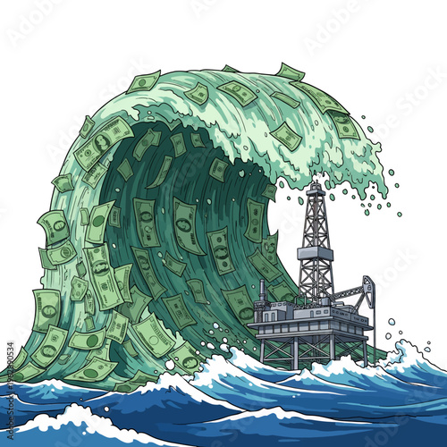 Financial Wave Crashing Over Oil Rig Illustration - Money Crisis Stock Market Economic Disaster Cartoon Graphic Design