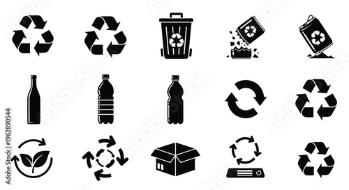 Black silhouettes of recycling symbols bins bottles and cardboard boxes