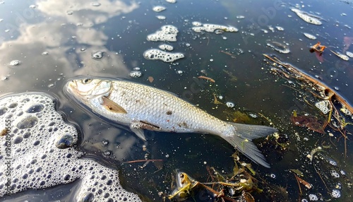 Dead fish floating in polluted water with foam and debris.