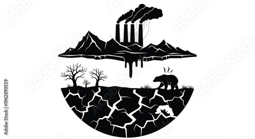 Environmental impact illustration melting landscape pollution and wildlife in distress