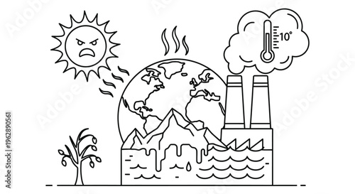 Global warming illustration depicts a hot earth with pollution and rising temperatures