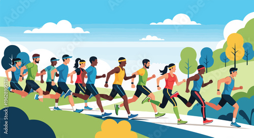 A group of diverse people running a race through a lush park