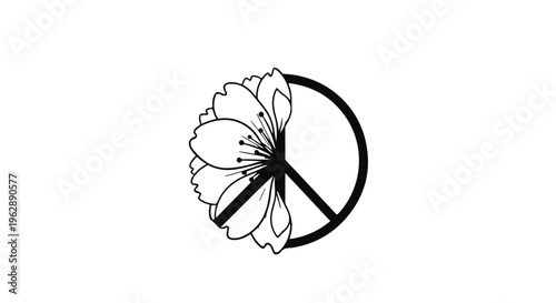 Black and white line art depicts a cherry blossom flower partially filling the left side of a peace sign symbol on a white background.
