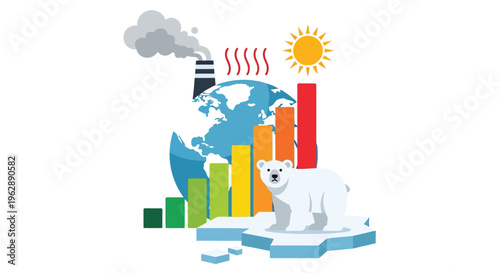 Global warming illustration depicting rising temperatures pollution and a polar bear