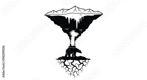 A solitary bear stands on fractured ice beneath a melting floating landmass