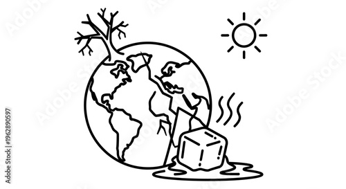 Illustration depicting global warming s effects on earth with melting ice and sun