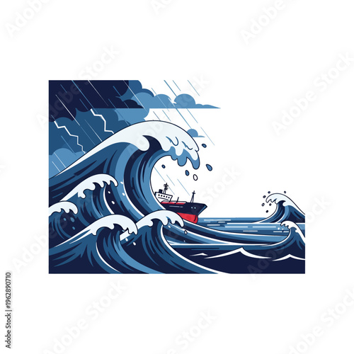 Ship in Stormy Seas Illustration Dramatic Ocean Wave Vector Art Nautical Adventure Weather Disaster Graphic Design Digital Painting