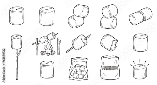 Collection of hand drawn roasted marshmallow icons and symbols in line art style for design use