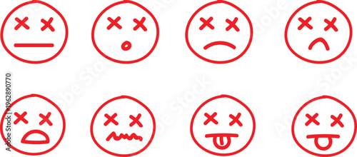 Collection of red hand drawn dead face emojis with crossed eyes in doodle style.