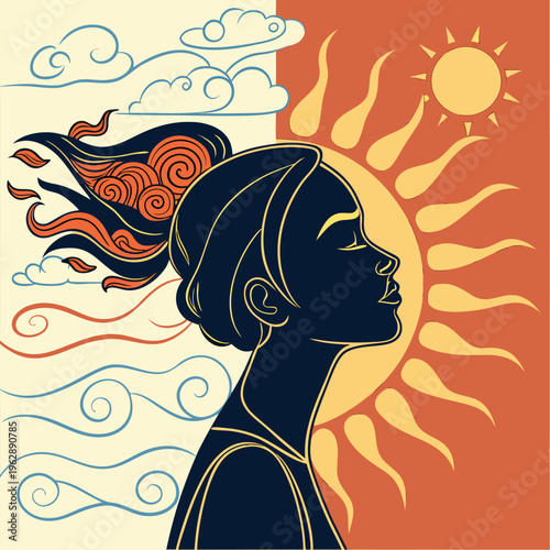 A serene silhouette of a woman gazing upward toward a radiant sun with clouds swirling gracefully around her head in warm hues