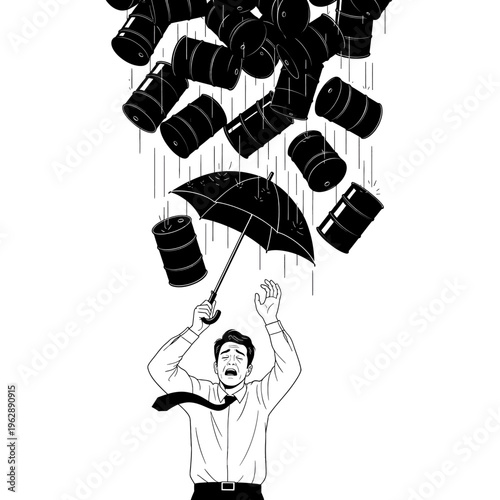 Man Sheltering from Falling Barrels Illustration - Environmental Disaster Cartoon Graphic Design Stock Footage Clip Art