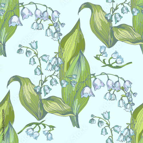 Beautiful lily of the valley flowers in spring garden, white Convallaria majalis blossoms with green leaves, delicate woodland floral background, seasonal spring nature