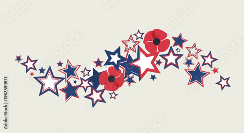 A flowing design with stars and poppy flowers in a patriotic color scheme