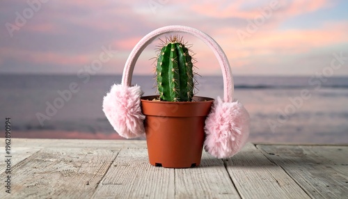 A small potted cactus wearing fluffy pink earmuffs on a wooden surface with a blurred ocean background.