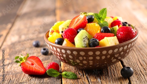 Fresh Fruit Salad Bowl on Wooden Table.